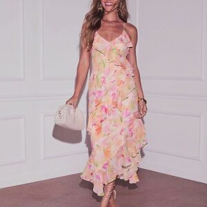 VICI Xsmall Floral Ruffle Midi Dress in Pastel Pink NWT